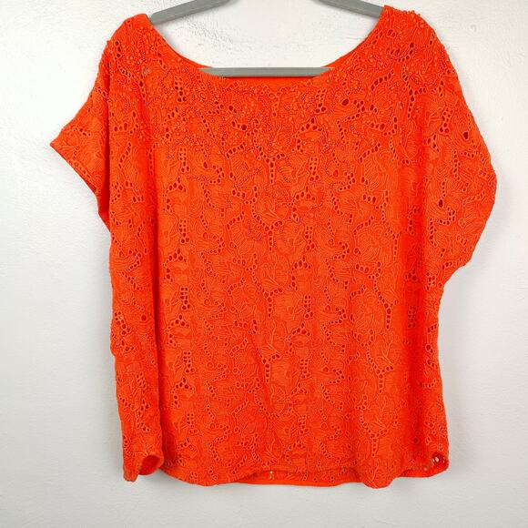 Anthropologie Maeve Karine Beaded Lace Top Womens 14 Orange Preppy Bohemian Boho - Picture 1 of 8